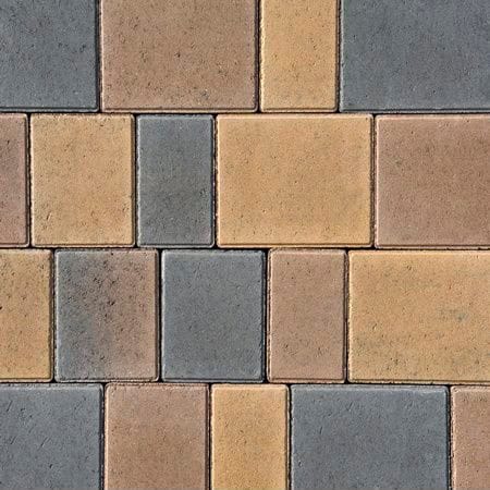 The Barleystone 60mm Castlepave Smooth Chestnut features interlocking rectangular tiles in beige, tan, and gray arranged in an alternating brick-like pattern, creating a geometric design with contrasting colors.