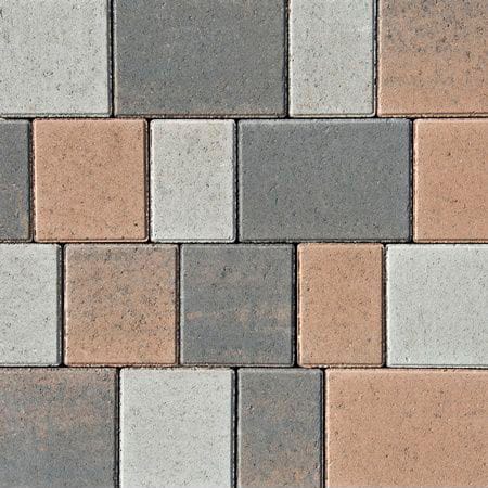 The Barleystone 60mm Castlepave Smooth Sycamore features rectangular paving stones in shades of gray, beige, and brown arranged in a geometric pattern for a balanced texture reminiscent of sycamore bark.