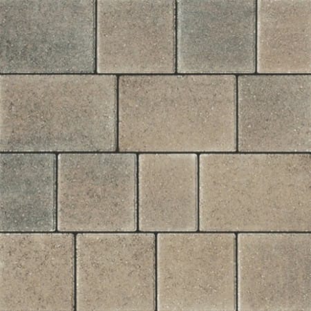 Interlocking Barleystone 60mm Castlepave Smooth Walnut tiles create a pavement of rectangular and square shapes with slightly rough textures and subtle gray and walnut color variations, resulting in an organized, repeating design.