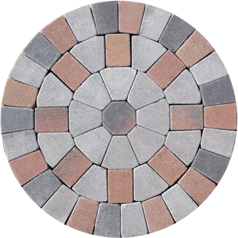 The Barleystone Paving Circle Kit Sycamore features gray and reddish-brown stones arranged in a concentric pattern, creating a harmonious geometric design reminiscent of ancient sycamore leaves.