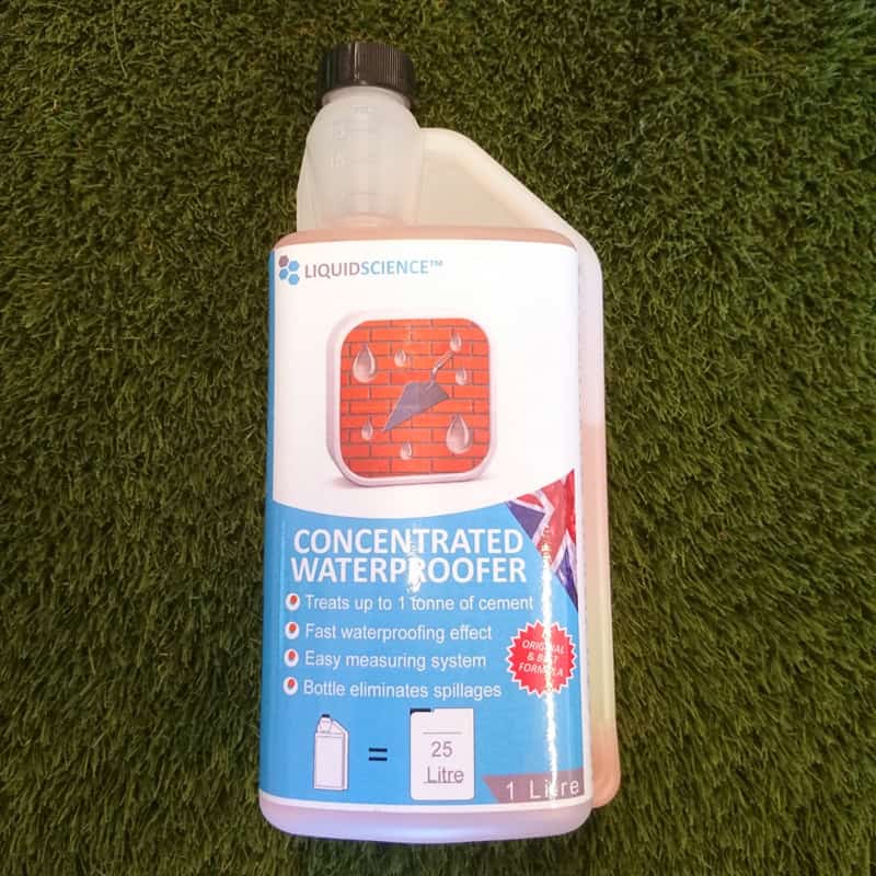 A 1ltr Bottle Waterproofer sits on grass, featuring a label with a brick wall and water droplets. It highlights fast waterproofing, easy measurement, and treats up to 1 tonne of cement.