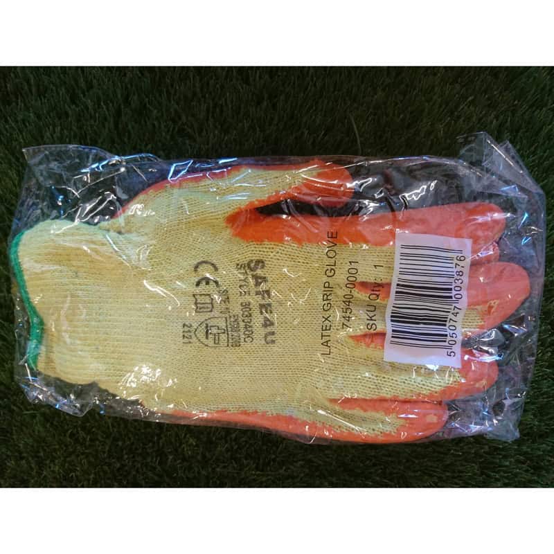 Yellow and orange safety gloves with a latex grip, packaged and labeled 