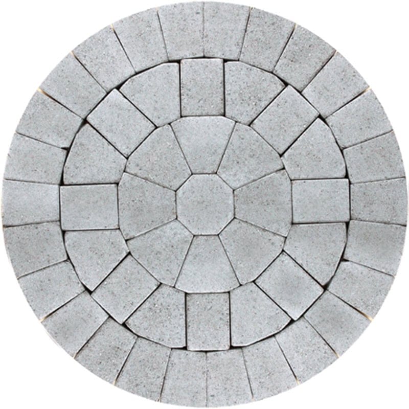 The Barleystone Paving Circle Kit Birch features light gray concrete pavers arranged in interlocking concentric rings with a central hexagon, creating an elegant symmetrical design.