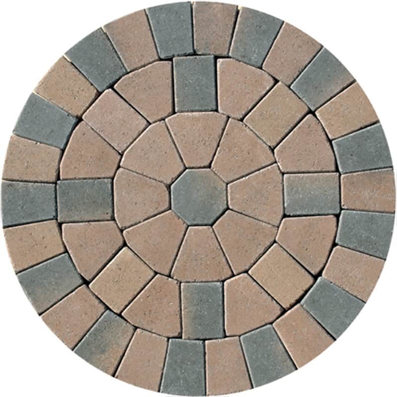 An interlocking circular pattern with beige and gray stones, using Barleystone Paving Circle Kit Chestnut, features a central hexagon. It expands outward symmetrically with rectangular and trapezoidal shapes.