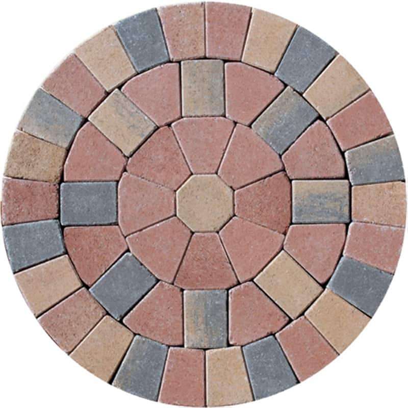 The Barleystone Paving Circle Kit Maple offers a circular design with interlocking stones in pink, beige, and gray. It features concentric rings with a central hexagonal piece, creating a symmetrical pattern that adds elegance to any area.