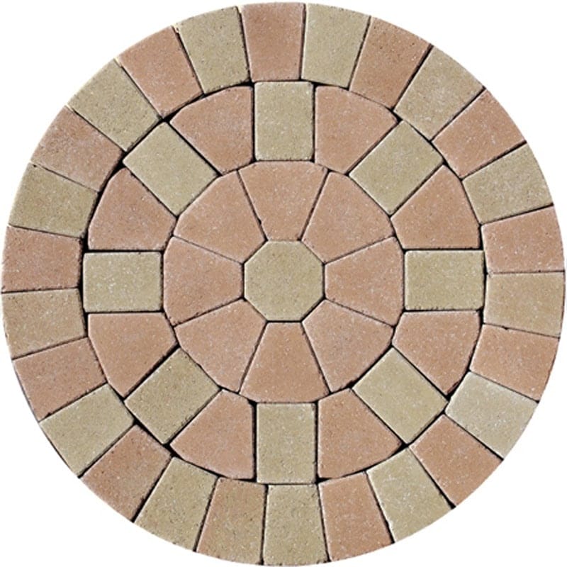 The Barleystone Paving Circle Kit Oak includes a circular patio design with concentric rings of rectangular and trapezoidal stones in beige and light brown, featuring a symmetrical pattern with smaller center stones and larger outer ones.