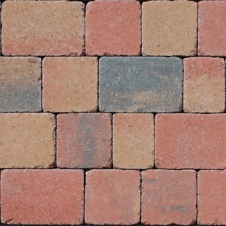 A close-up of a pattern crafted from Barleystone Kingspave Cobble Maple paving stones shows alternating horizontal rows with red and beige tones, some blending red and dark gray hues, echoing the classic design.