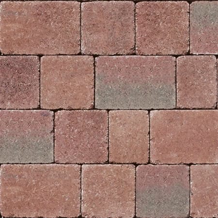 Close-up view of Barleystone Kingspave Cobble Mulberry interlocking pattern with rectangular and square bricks in reddish-brown and gray shades, forming a textured, uniform surface.