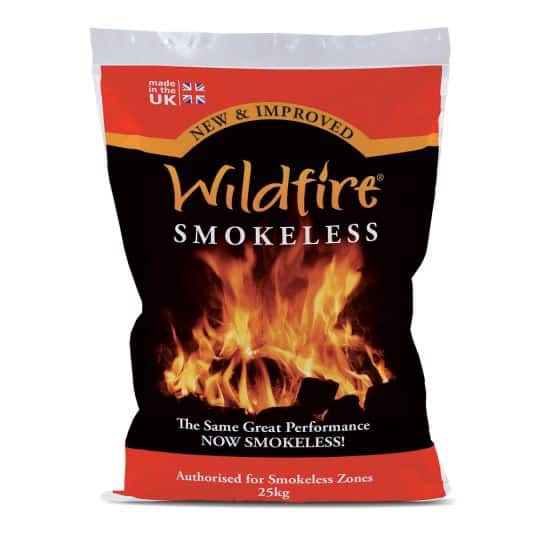 The Coal Wildfire Smokeless Briquettes 25KG Large Bag features a fiery design and labels like 