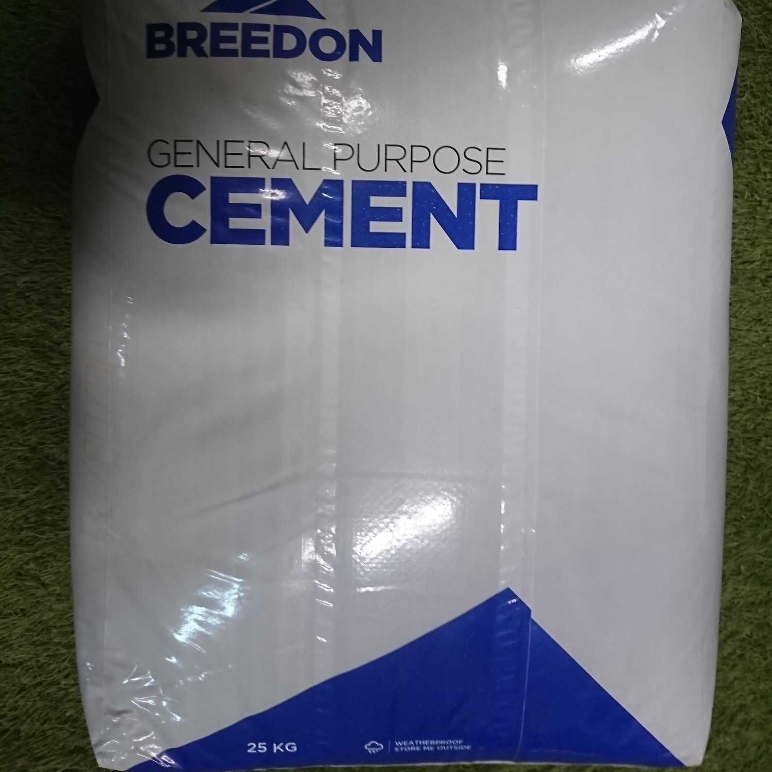 A 25kg Bag of Breedon Cement comes in a durable, waterproof bag featuring a white background with blue text and design on a green textured surface.