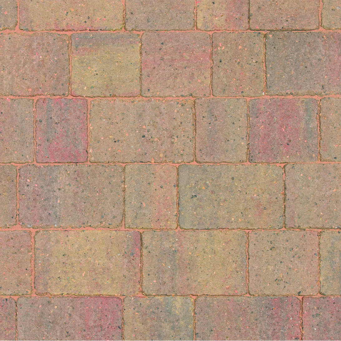 Close-up of a paved surface with rectangular Brett Alpha Trio 60mm bricks in gray, red, and UNBEATABLE BRICE Autumn Gold. These bricks are laid out in a staggered pattern, creating a textured appearance that complements the design.