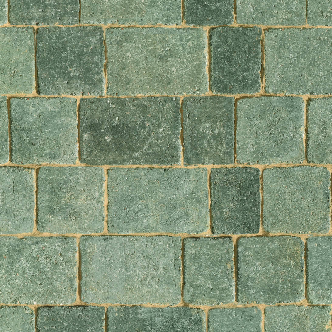 The Brett Alpha Trio 60mm Silver Haze features a green brick wall pattern with rectangular bricks in a staggered formation. Each textured brick has slight color variations for a rustic look, while thin mortar lines separate them, enhancing the intricate charm of the design.