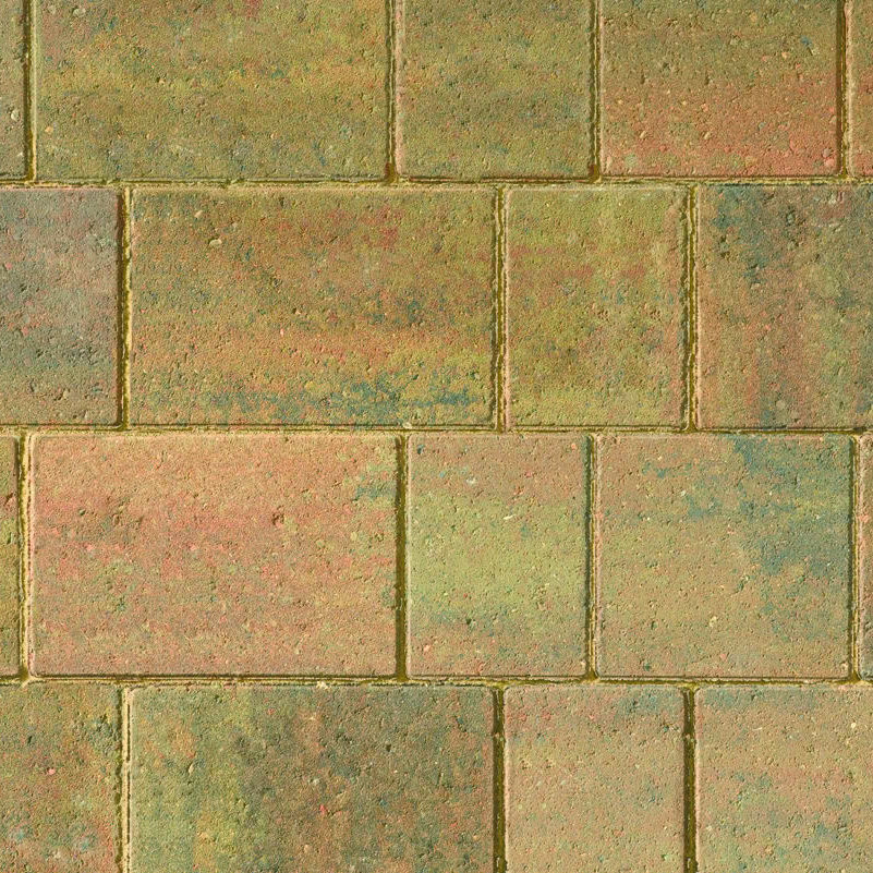 A close-up of a Brett Beta Trio 60mm Autumn Gold brick wall displaying rectangular bricks in green, orange, and gold hues. Arranged horizontally, they boast a slightly weathered texture that enhances the vibrant look. UNBEATABLE PRICE!.