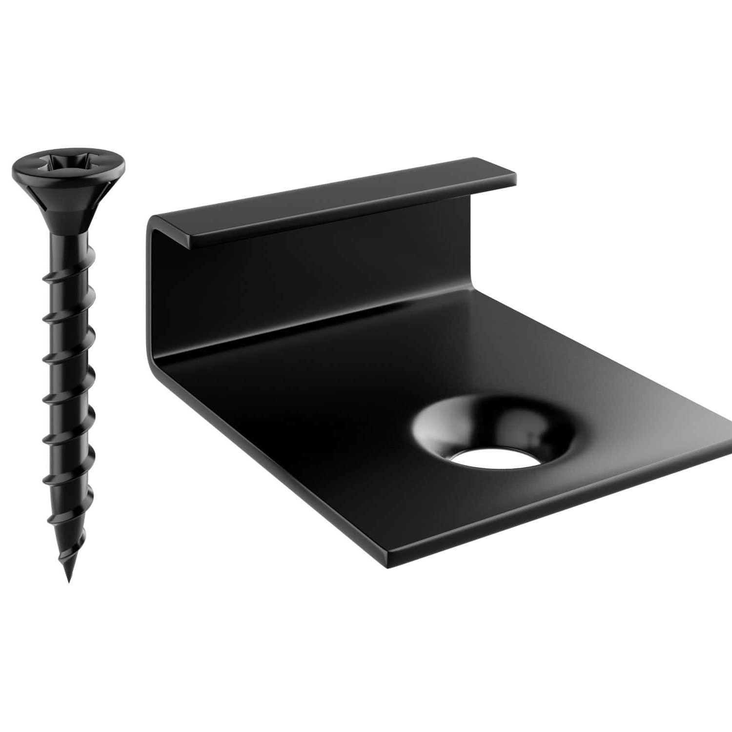 A black screw and a metal bracket resembling Allur Composite Decking Starter Clips (Pack of 10) are shown on a white background. The bracket has a flat base with a screw hole and a perpendicular lip at one end, with the screw positioned vertically next to it.