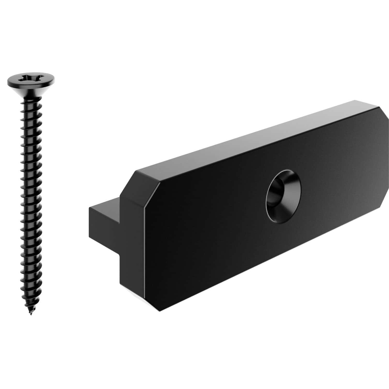 Close-up of an Allur Composite Decking Fixing/Spacing Clip, featuring a black metal bracket with a central hole and right-angled edges. A matching black screw with a pointed tip and Phillips head stands vertically to the left, all set against a white background.