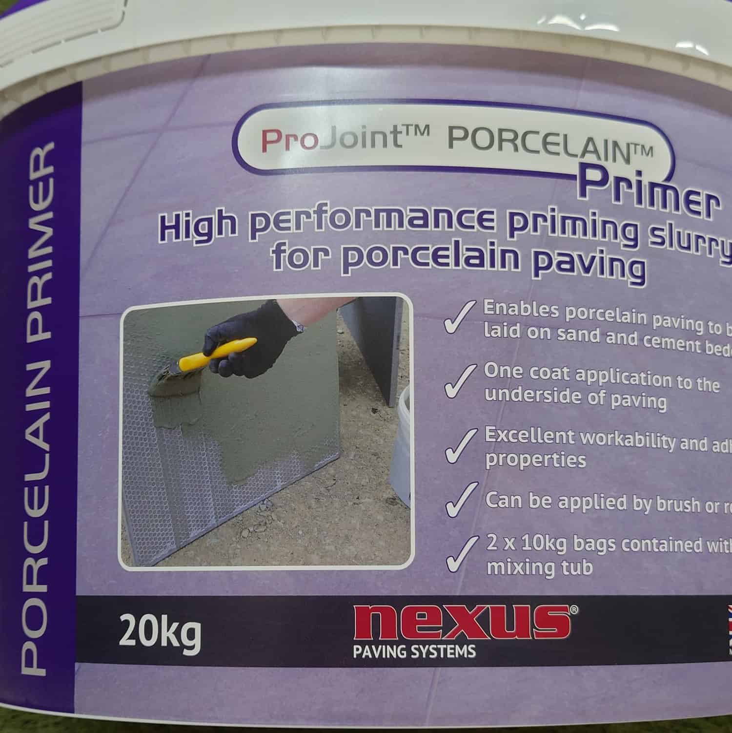 20kg container of ProJoint PORCELAIN Primer Slurry by Nexus Paving Systems, applied easily with brush or roller, featuring an image of tool application.