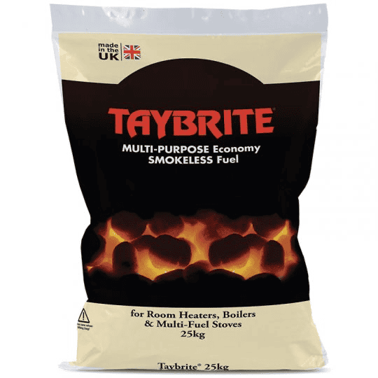 A 25kg bag of Coal Taybrite Smokeless Coal for heaters, boilers, and stoves. The beige and black packaging with red text shows glowing coals and highlights its UK-made origin.