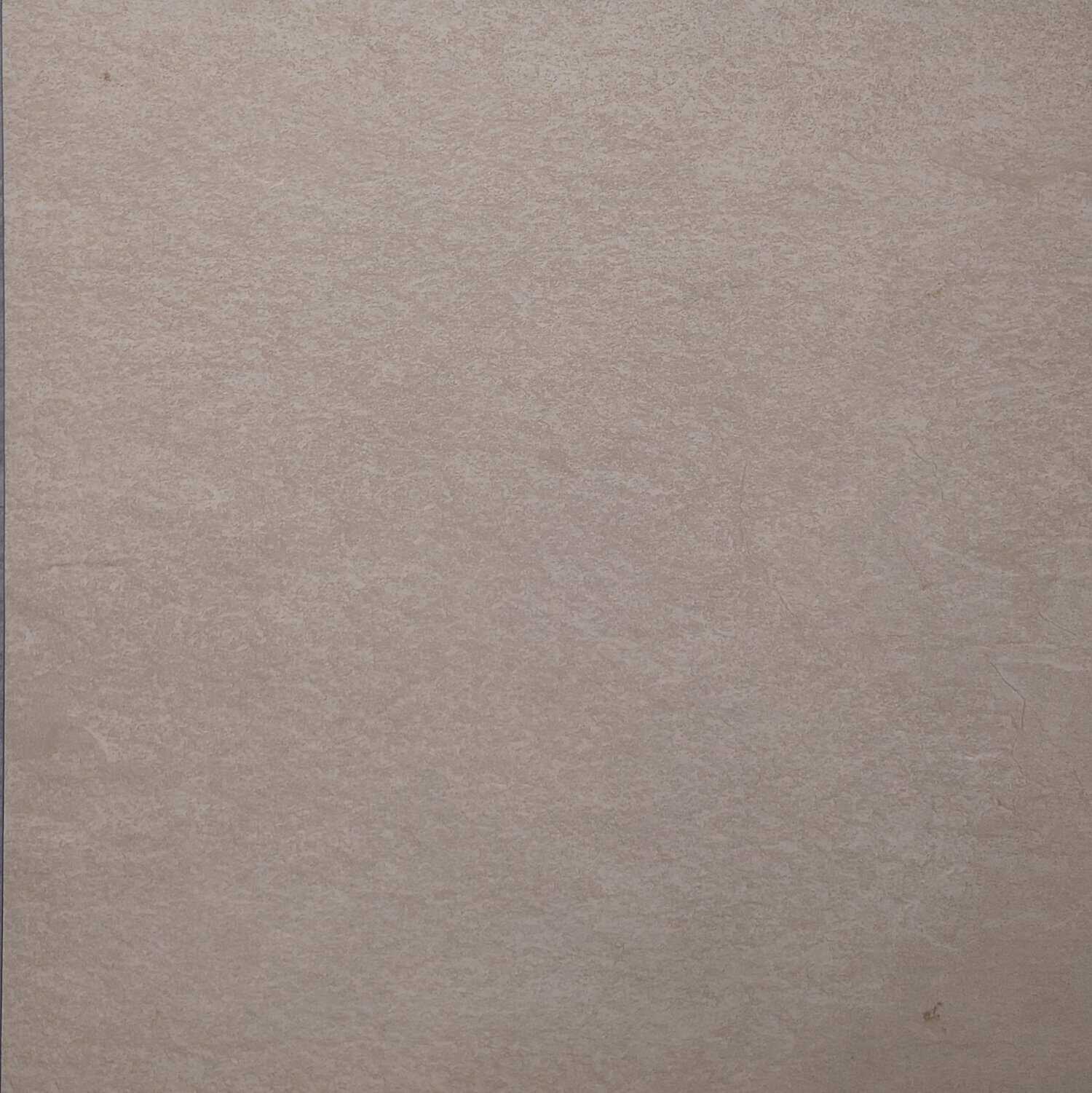 A close-up of Aura Beige Porcelain 600x600x20mm shows a textured finish, reminiscent of stone or sandpaper, with subtle shade variations across the light beige surface.