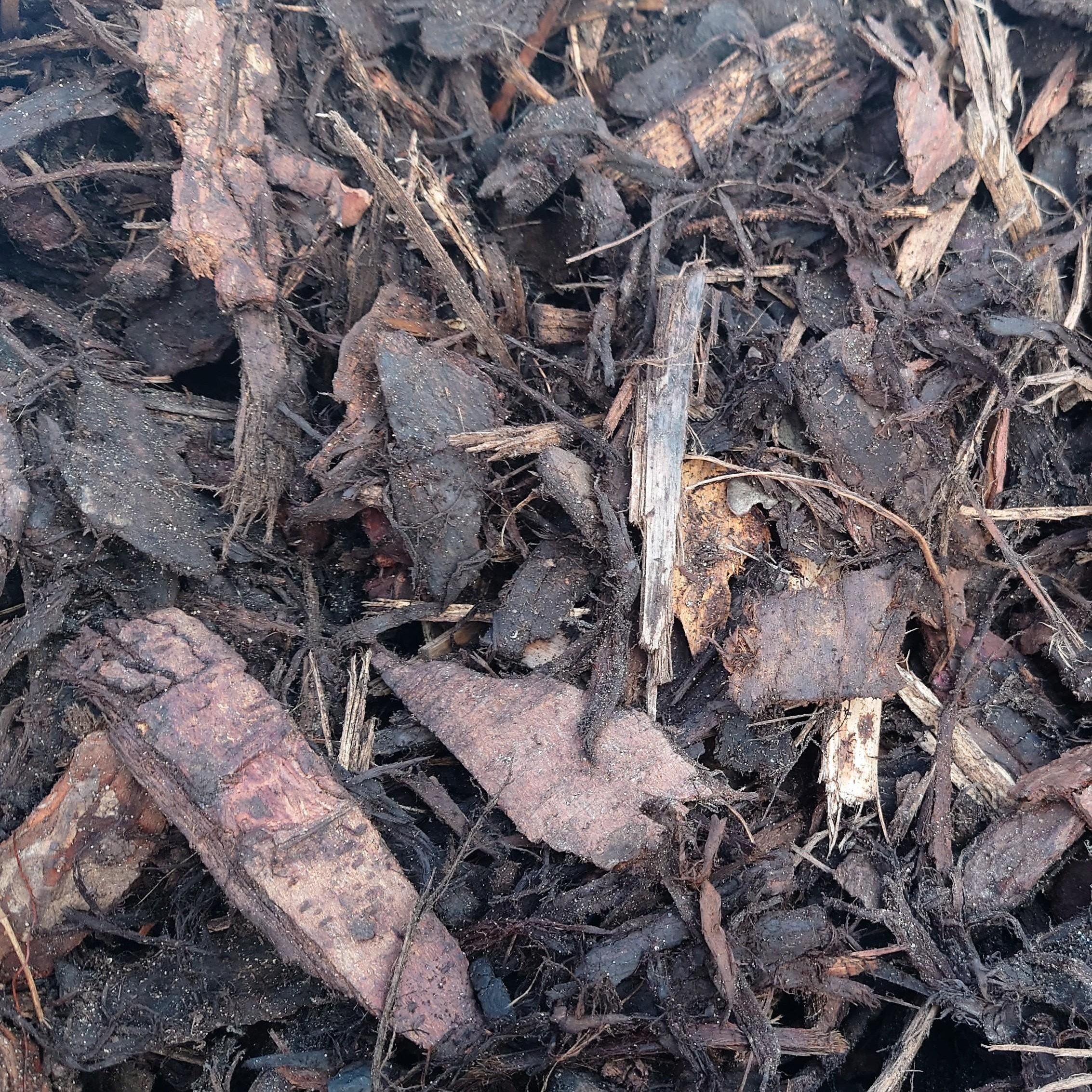 Close-up of dark brown Landscaping Bark Wood Chip-Bagged, showcasing its coarse texture and various fragment sizes. Ideal for landscaping with natural, earthy tones.