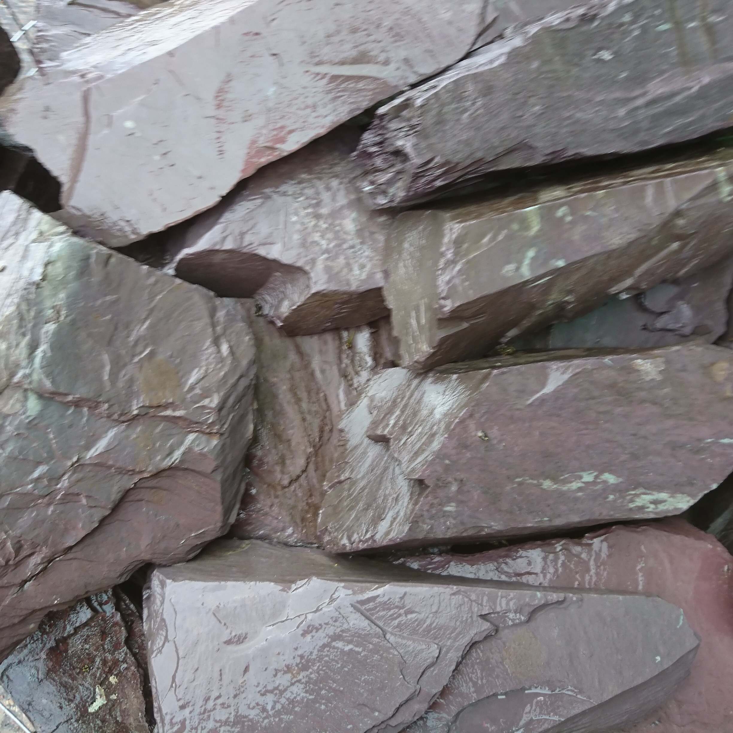 Close-up of a stack of 300-400mm Blue Green Slate Rockery pieces with rough edges. The dark gray rocks show hints of green, reflecting light due to their wet and jagged texture.