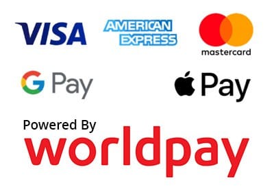 Logos of payment options: Visa, American Express, Mastercard, Google Pay, and Apple Pay. The text 